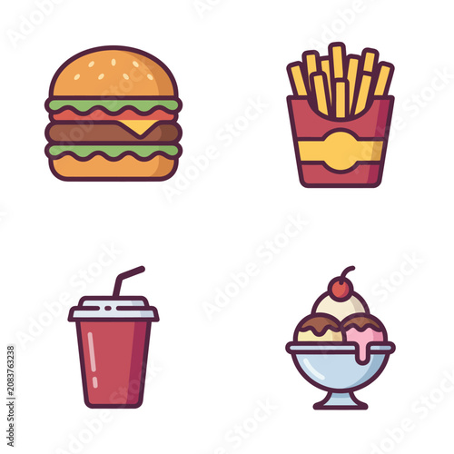 Colorful fast food meal icons set.