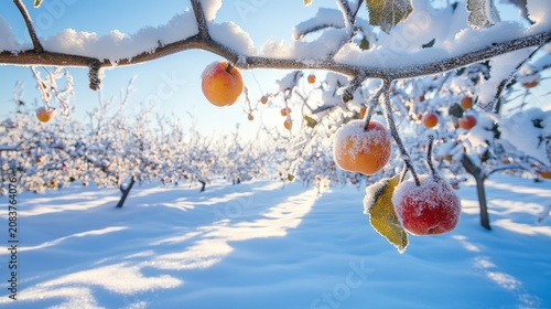 Fresh apples hang from tree branches covered in thick white snow during a bright winter day.