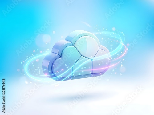 3D Digital Cloud Computing Concept with Glowing Light Energy Rings
