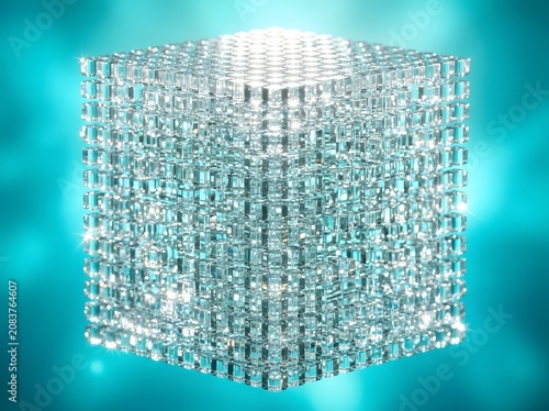 Abstract geometric cube made of glowing clear glass blocks with bokeh background