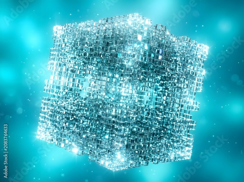 Abstract 3D Digital Data Cube Floating in Bright Blue Cyber Space