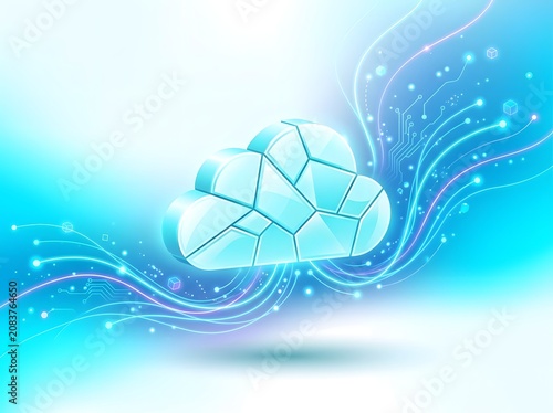 Futuristic 3D Cloud Computing Icon with Digital Data Streams and Glow
