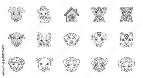 Fotografi Collection of various animal faces in a minimalist line art style perfect for pet-themed designs