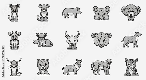 Fotografía Monochromatic animal illustrations set featuring various wildlife creatures in a consistent artistic style