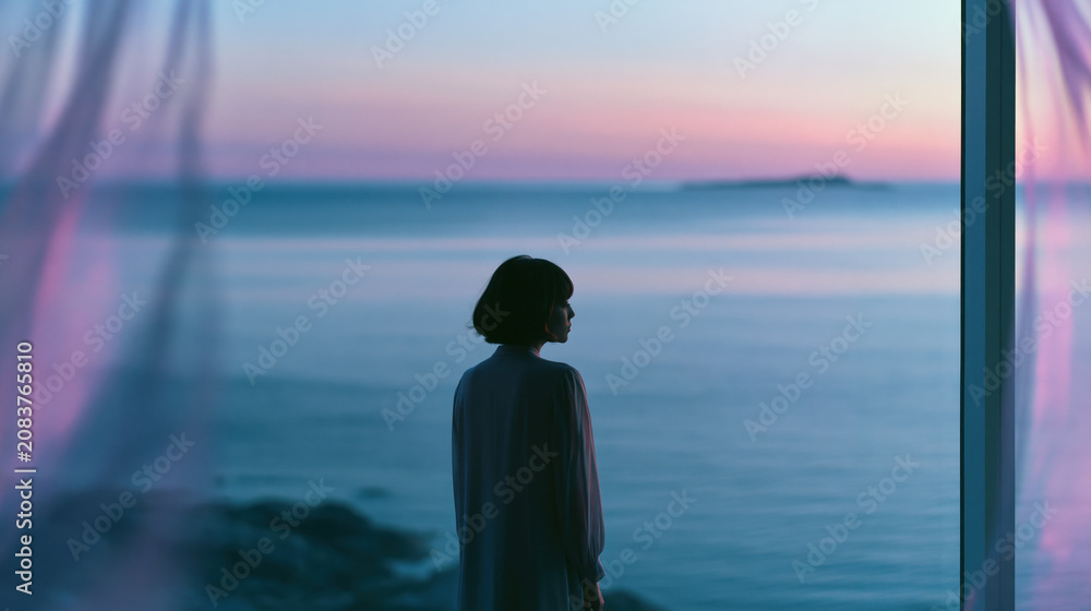 Fototapeta premium distant woman gazing at serene sea through softly blurred window