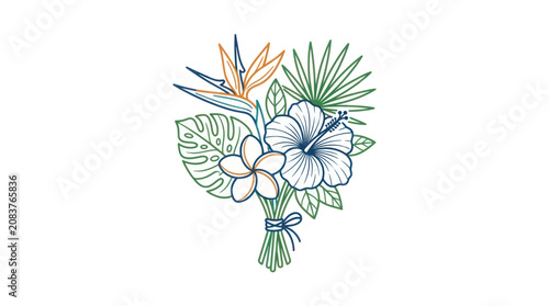 Vászonkép Tropical flowers and leaves bouquet.