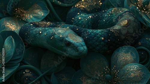 ornate king cobra with exotic flowers in luxurious fantasy botanical illustration