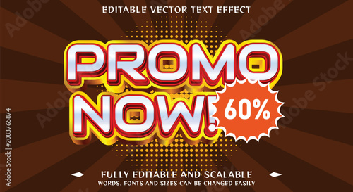 Promo now 3D text effect for marketing sale banner designs and promotional advertising background with orange sunburst rays