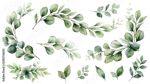 Elegant watercolor vector collection with green eucalyptus leaf and branch greenery clipart for organic botanical nature wedding invitation design and artistic element