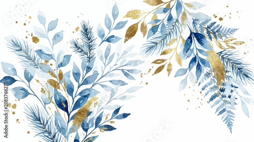 Elegant Winter Christmas Background Featuring Hand Painted Blue and White Watercolor Pine Branches and Soft Snowy Texture for Festive Holiday Greeting Cards or Seasonal Graphic Design.