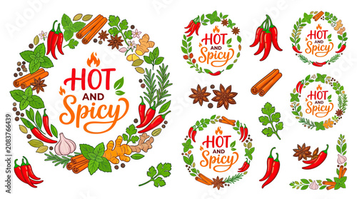 Fotografie Hot and Spicy Food Elements: Wreaths, Chilies, Spices, Herbs