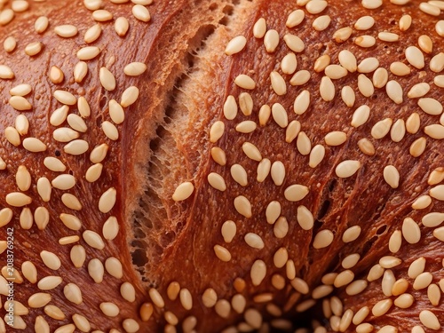 Sesame Seed Bagel Texture Close-up  Golden Brown Crust with Abundant White Seeds, Fresh Baked Food Macro
