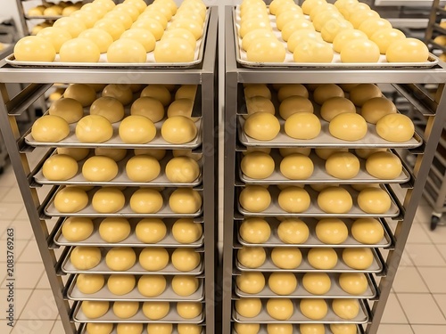 Unbaked Dough Balls on Trays in Commercial Bakery, Industrial Bread  Bun Production Process