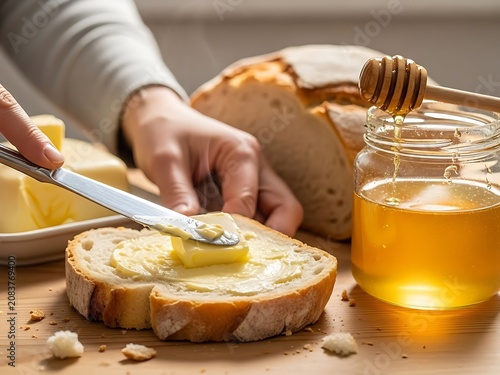 Hands Spreading Butter on Fresh Rustic Sourdough Bread with Golden Honey for a Delicious Breakfast