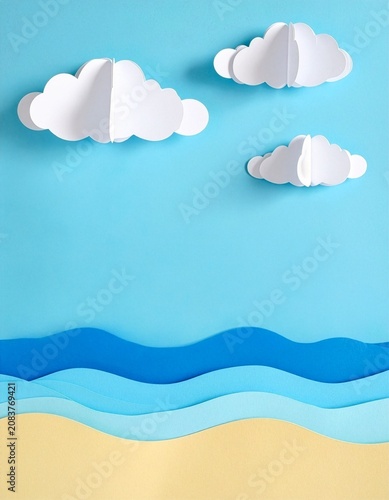 Paper cut style blue sea waves with white clouds on sky and beach background