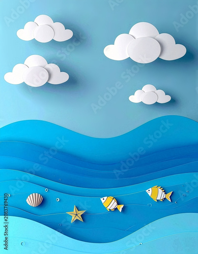 Paper cut style blue ocean waves with underwater fish starfish shell and white clouds vertical background