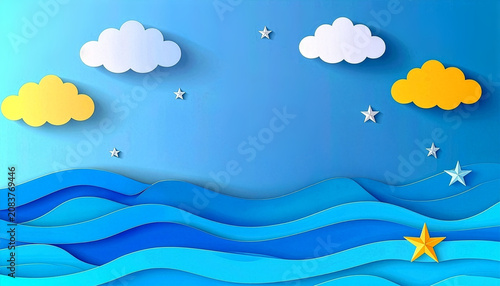 Paper cut style blue sea waves with white and yellow clouds and falling stars on sky background banner