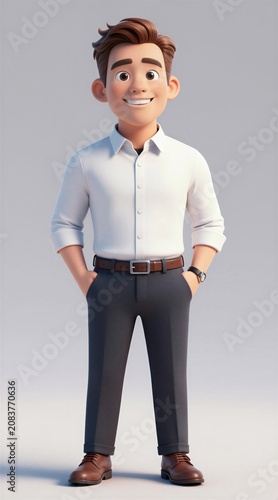 Stylized cartoon man with large head wears smart casual clothes, white shirt, dark trousers. He stands with hands in pockets, smiling cheerfully with confidence, projecting friendly business persona.