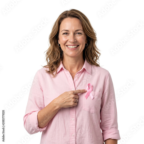 Woman points to pink ribbon symbolizing breast cancer awareness Outubro Rosa PNG Isolated on transparent background