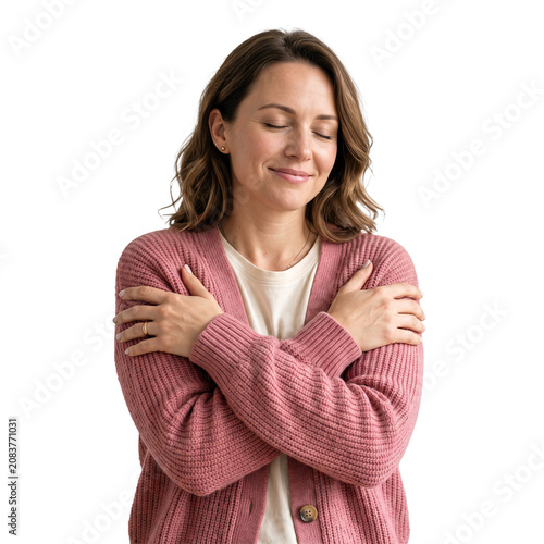 Woman hugging herself with eyes closed in a pink cardigan PNG Isolated on transparent background