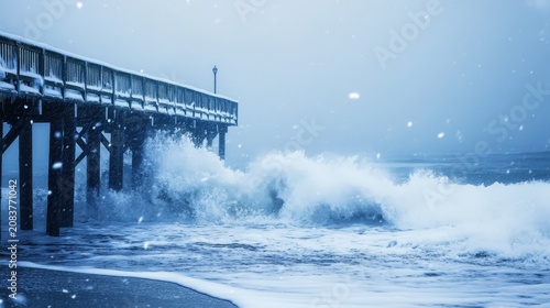 Snowy ocean waves crash against a wooden pier during a winter storm.