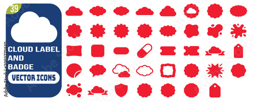 Foto Red fluffy cloud label shapes set, squishy speech bubbles, wavy sticker badges and cute promo text boxes vector illustration