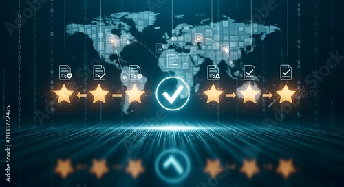 Global digital data network with world map and stars