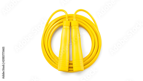 Yellow jump rope fitness equipment isolated on white background in clean studio product composition