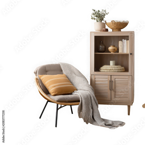 Modern chair with gray throw blanket on wooden side table