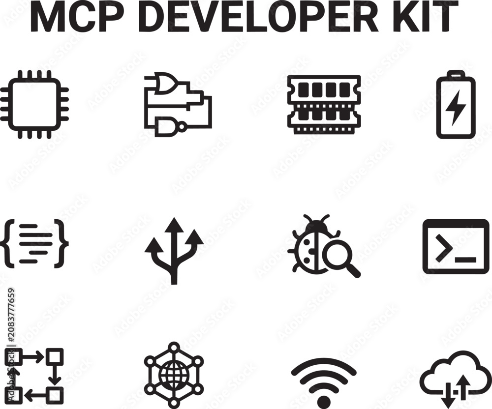 Fototapeta premium MCP Developer Kit Icons – Programming, AI Development, Debugging and Automation Outline Vector