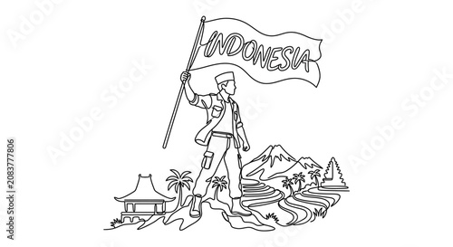 Photos Indonesian soldier holding flag with landscape, mountains, rice terraces and tra