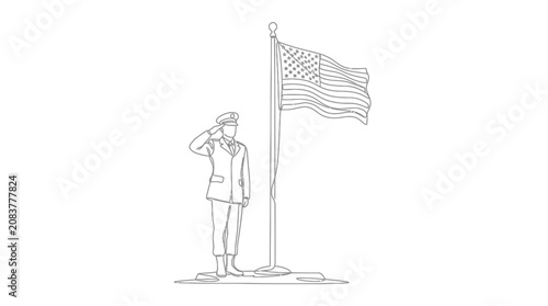 Soldier Saluting American Flag - Continuous Line Drawing