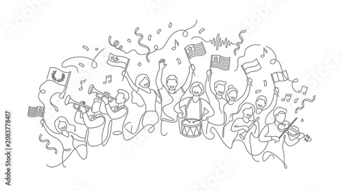 Quadro su tela Celebration crowd with flags, music, and confetti in line art style