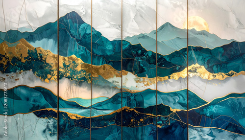 Abstract Teal and Gold Mountain Landscape Painting.