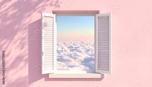 Open Window Revealing a Dreamy Sky Above Clouds.