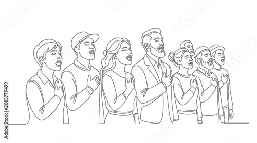 Fotografie Diverse group of people singing national anthem with hands on hearts, patriotism concept