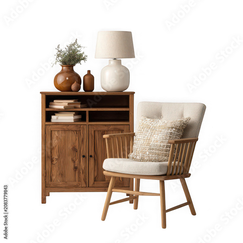 Modern wooden desk with chair and lamp