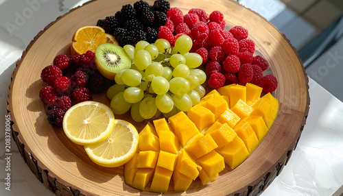 Vibrant Assortment of Fresh Fruits on a Rustic Wooden Platter.