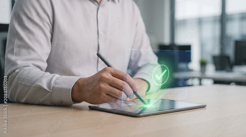 Fototapeta premium Digital approval hologram, green checkmark icon, business hand using stylus on futuristic interface, data verification, success, technology, UI concept
