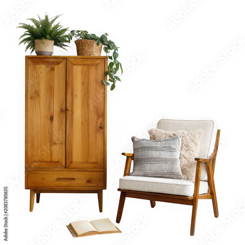 Minimalist wooden cabinet with armchair and plant