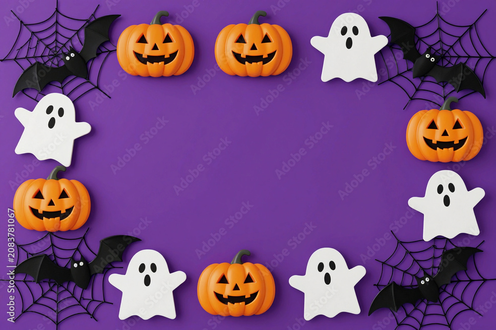 Obraz premium Decorative Halloween Elements Border With Ghosts Pumpkins Bats and Spiders on Purple Background