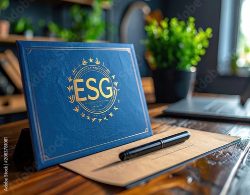 Blue board with gold ESG emblem on wooden desk, environmental social governance strategy, sustainable development reporting, corporate compliance and responsible investment