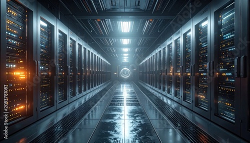Data center server room corridor with illuminated racks, cloud computing infrastructure, technology network, digital security, storage, modern connectivity