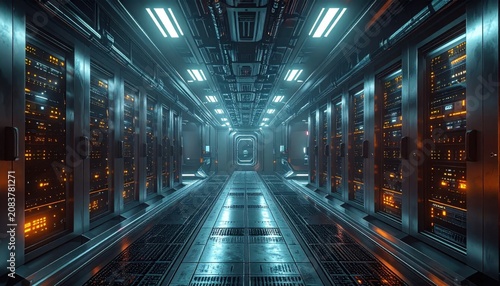 Futuristic server room corridor with glowing data racks, industrial technology infrastructure, cybersecurity network maintenance, cloud computing hardware facility