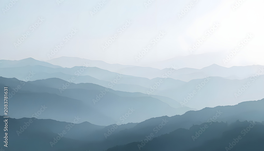 Fototapeta premium Soft Blue Mountain Layers Landscape with Misty Atmospheric Gradient Background