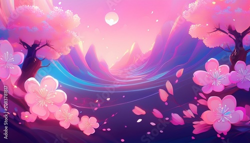 Yk Pink Neon Kawaii Background Pink Purple Colors Soft Pastel Girly Graphic Illustration With Sakura Flowers Can Be Used As Wallpaper