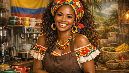 A vibrant, smiling Latina woman wearing cultural attire and jewelry, presiding over a colorful kitchen scene with bananas and coffee cups.