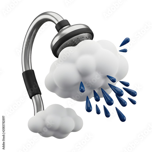 3D render of a shower head with clouds and rain