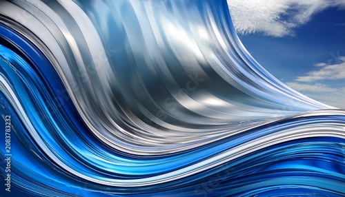 Abstract Shiny Silver And Blue Waves Against A Cloudy Sky Background