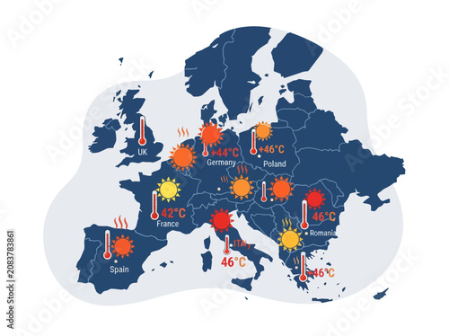 Europe heatwave map showing extreme high summer temperatures